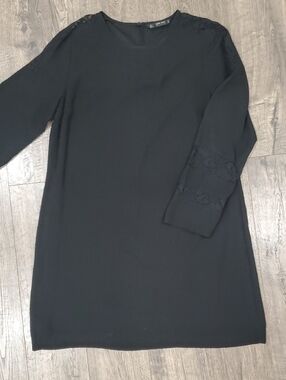 Zara Black Mini Shift Dress with Braided Sleeve Detail